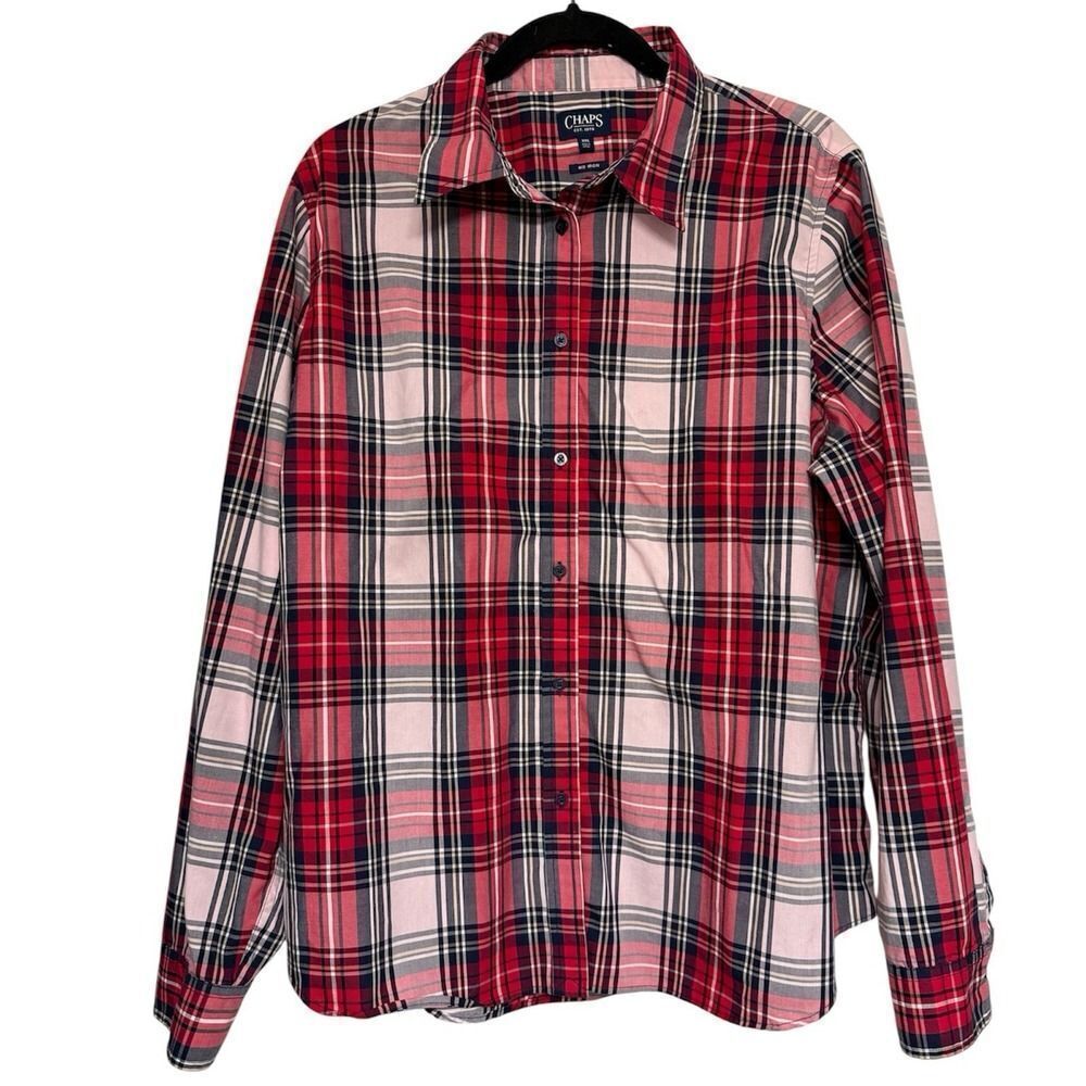 Chaps Men's Red Plaid Button Shirt. No Iron. Cotton. Sz XXL